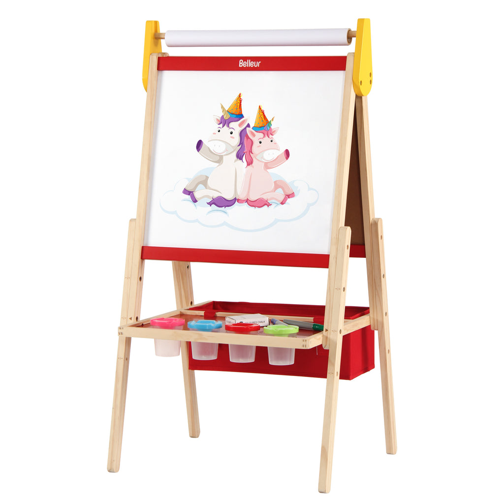 Kids Easel with Paper Roll Double-Sided Whiteboard & Chalkboard Adjustable Kids  Art Easel Standing Easel with Numbers Accessories for Kids and Toddlers